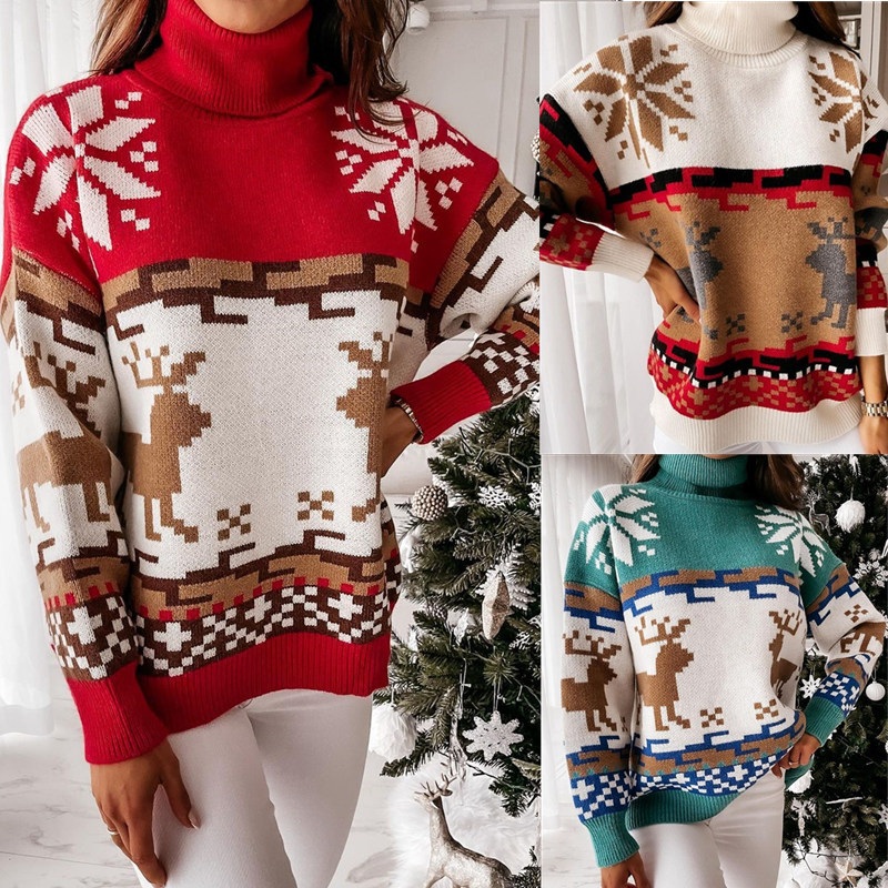Winter Ladies Knitted Jacquard Loose Christmas Sweaters Turtleneck Women Sweater – Turtleneck Women Sweater and Fashion Clothes price|S