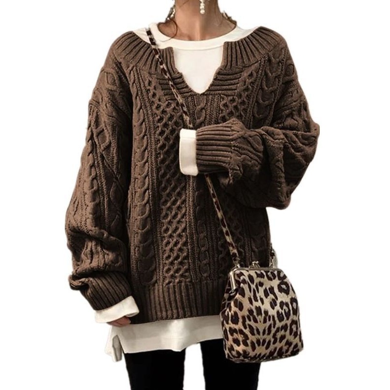 Winter New Casual Twist Top V Neck Vintage Long Sleeve Cable Knit Pullover Womens Sweater – Cable Knit Sweater and Pullover Sweater price|S