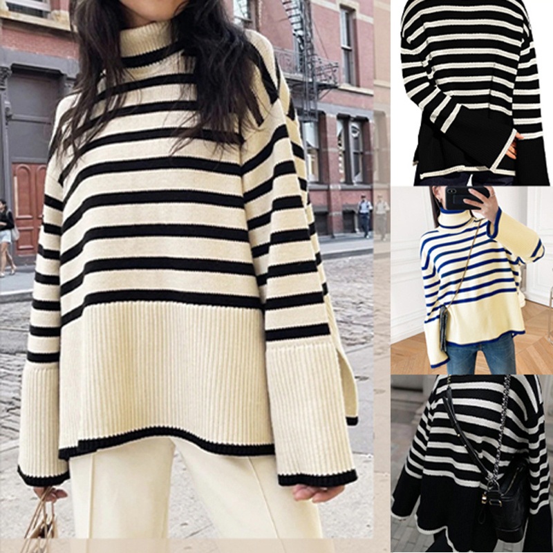 Womens Striped Turtleneck Sweater Long Sleeve Oversized Knitted Soft Pullover Sweaters Side Split – Knitwear and Knitted Sweater Knitwear price|S, Customized
