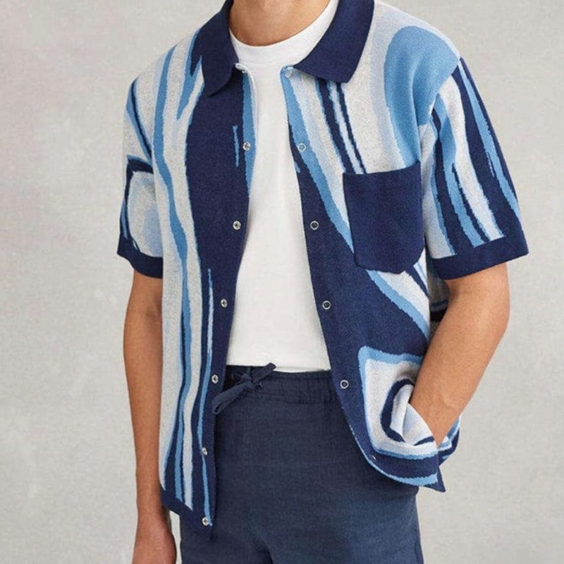 Custom 100% Cotton Wave Jacquard Chenille Knit Short Sleeve Polo Shirt Pullover Cardigan Mens Sweater – Knitwear and 100% Cotton Sweater price|S