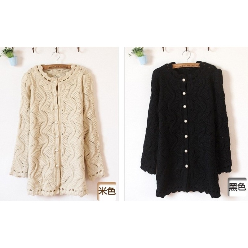 Hollow Knit Female Pearl Button Hubble Bubble Sleeve Jacket (BTQ034) – Knitted Sweater and Women Sweater price|S