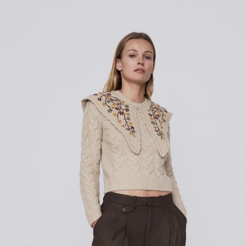 Korean Embroidered Womens Knit Sweater Cropped Knitting Crew Neck Embossed Sweater – Women Clothes and Clothing price|S