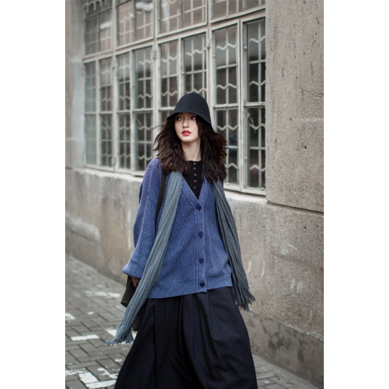Loose Sweater Woman Retro Hong Kong Cardigan V-Neck Coat – Womens Clothing and Women Sweater price|S