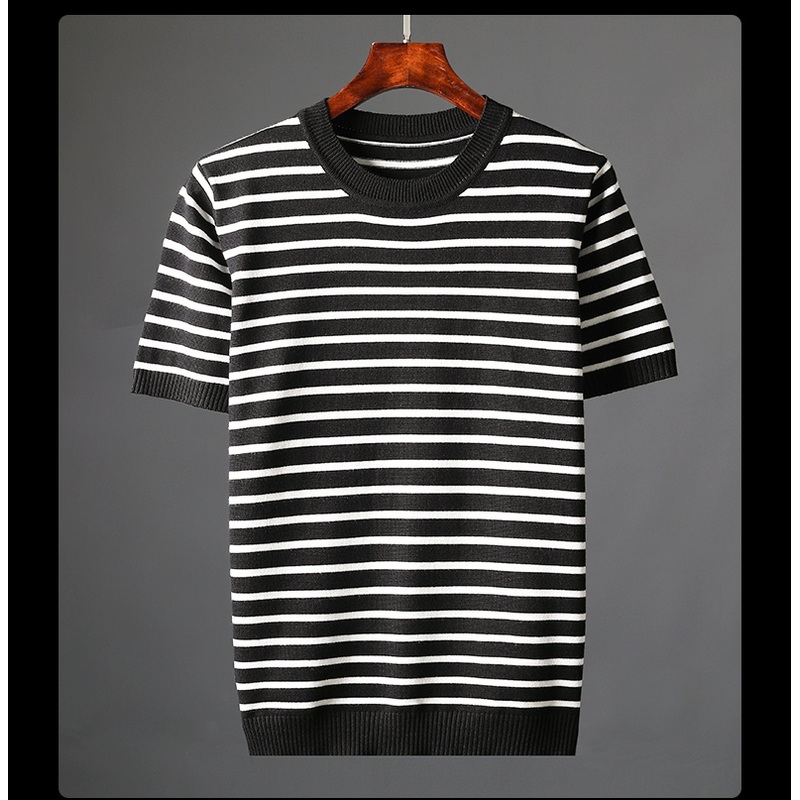 Mens Crew Neck Knit Sweater Short Sleeve Knitwear Pullover Sweaters with Stripe Patterned Wearing in Summer – Short Sleeve Knitwear and Short Sleeve Pullover price|S