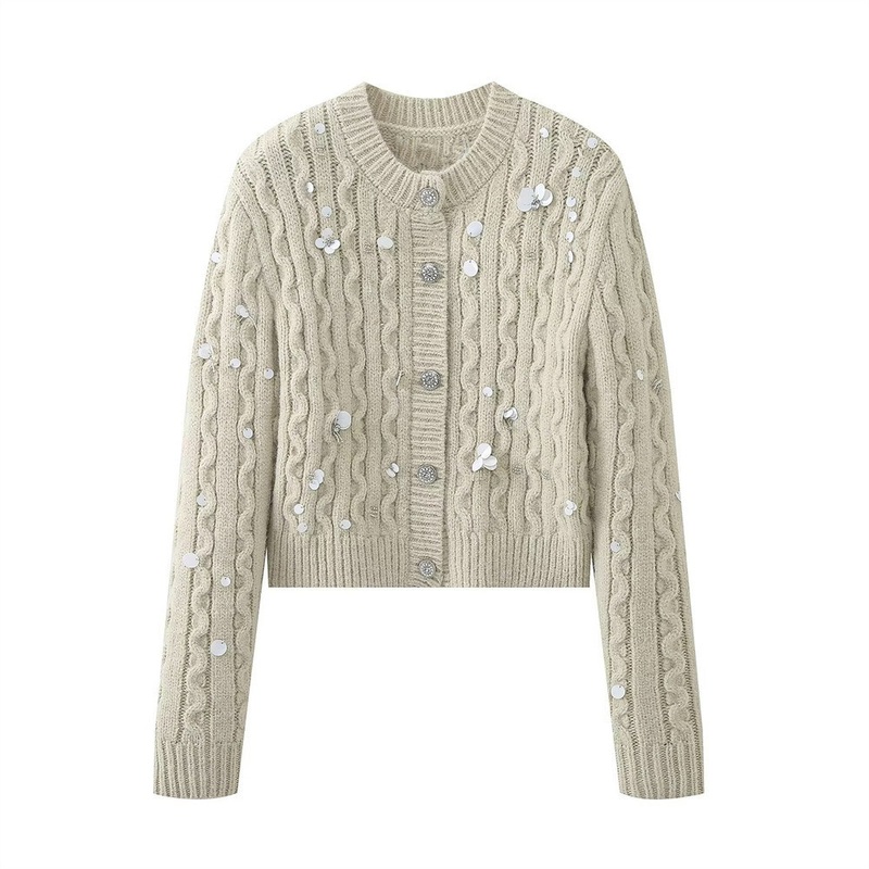 Pb&Za Womens Clothing Wholesale Short Round Neck Beaded Appliqu Cardigan Sweater – Designer Sweater and Sweaters for Women price|S, S.M.L