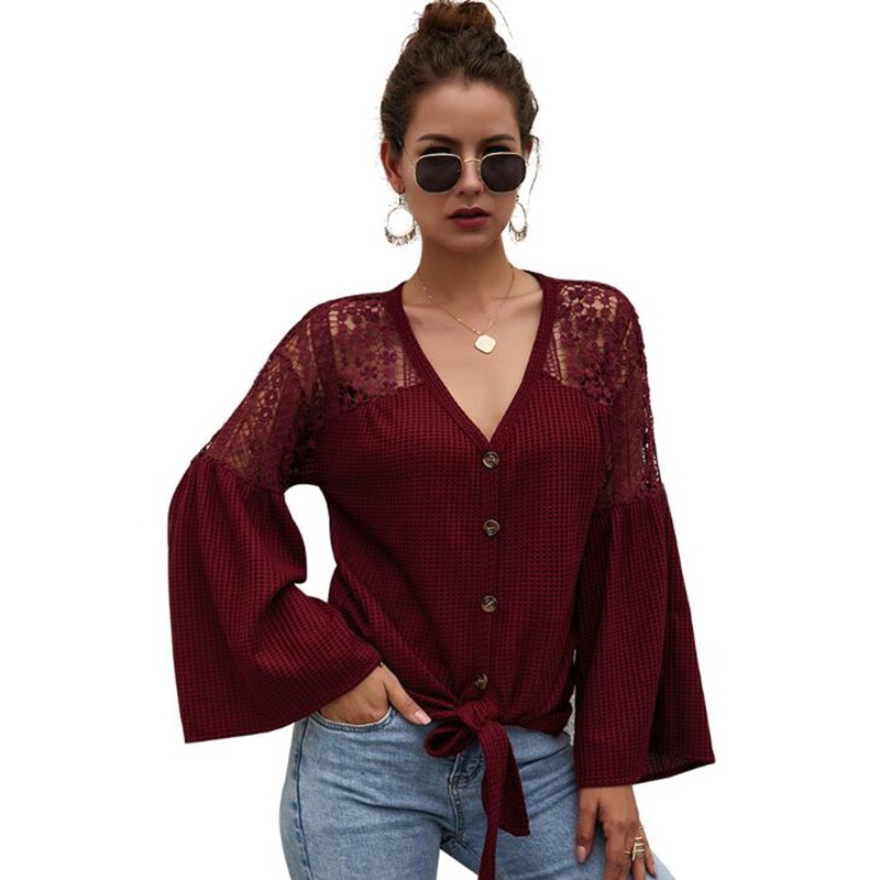 Spring Autumn Button up V Neck Hollow out Lantern Sleeve Knitted Tops Women Pullover Sweaters – Autumn Winter Sweater and Fashion Sweater price|S, S, M, L, XL