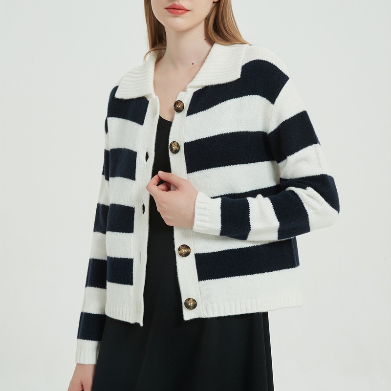 Spring New Womens Striped Knit Coat Lapel Neck Slim Top Wearing Wool Sweater Cardigan – Knit Coat Lapel Neck and Womens Striped Knit Coat price|S