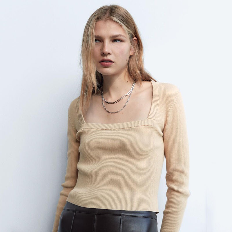 Stretch Slim Cropped Sweater Tops Women Party Vintage Square Collar Sexy Sweaters for Women – Women Clothes and Clothing price|S