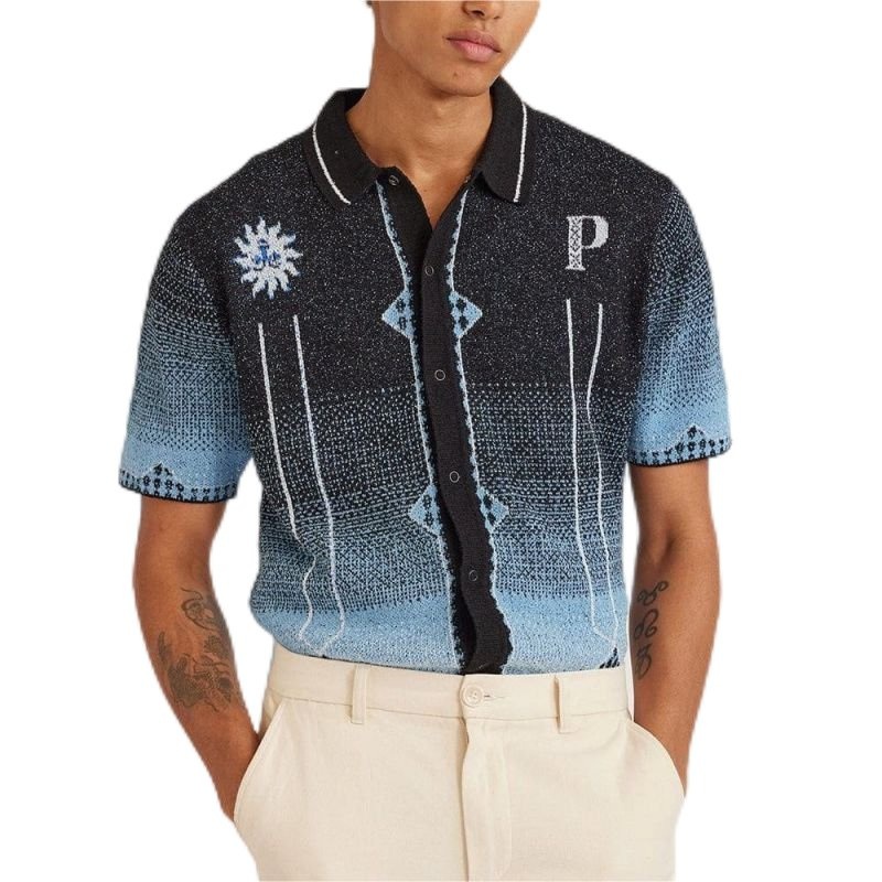 Summer Street Wear with Mens Knit Shirt Jacquard Sweater Lapel Multi-Color Gradient Short Sleeve Button Cardigan Mens Knit Top – Striped Sweater and Customized Factory Sweaters price|S, S/M/L/Customized Size