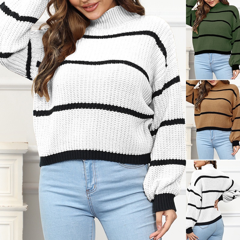 Winter Women Sweaters 2022 Hollow out Lantern Sleeve Turtleneck Stripe Knitting Pullover Sweater for Women – Pullover Sweater and Striped Sweater price|S