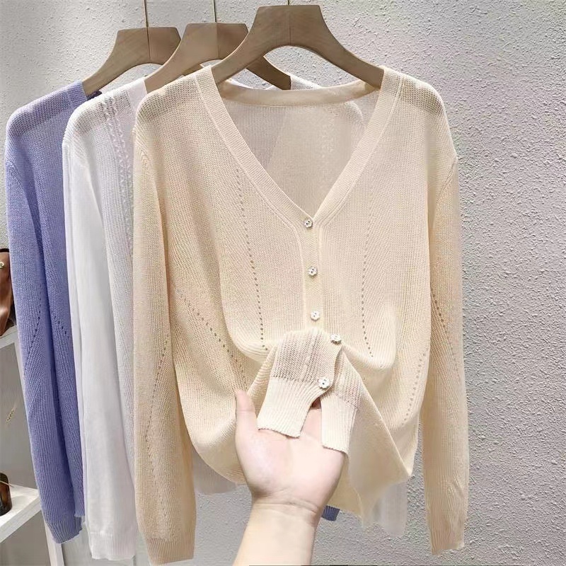 Women Cool Summer New Style V-Neck 100% Polyester Knitwear Sweater Cardigan – Sweater Jumper and Sudaderas price|S