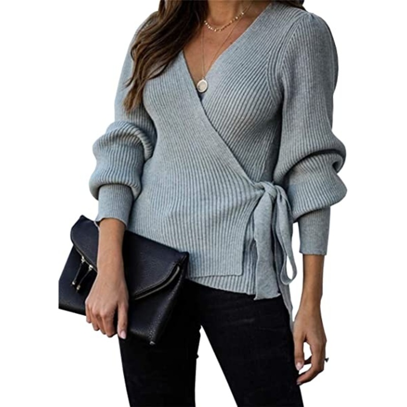 Womens Fall Winter Wrap V Neck Sweater Top Balloon Sleeves Ribbed Knitted Pullover Tie Front Tunic Top Jumper – Women Fashion and Women Clothes price|S
