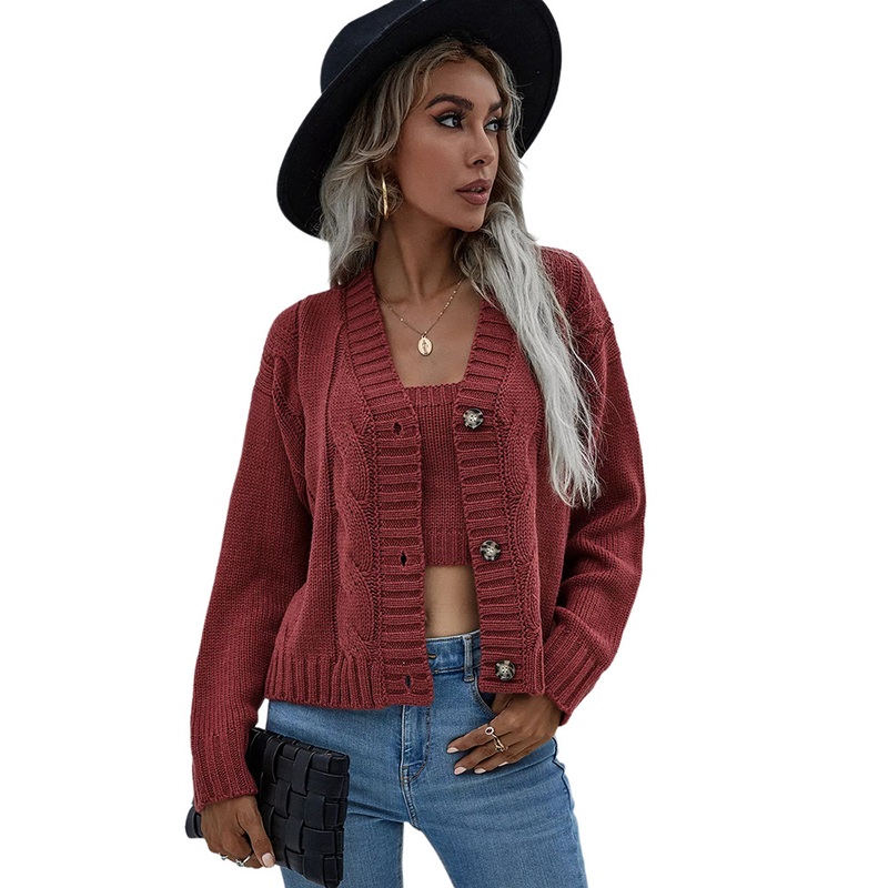 Womens Knitwear Two Piece Knitted Sweater Acrylic Vest and Short Cardigan Set – Woman Cardigan and Short Cardigan price|S, S, M, L, XL