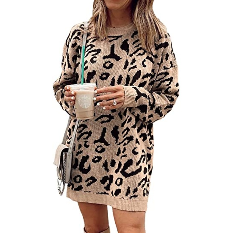 Womens Leopard Print Long Sleeve Crew Neck Knitted Oversized Pullover Sweaters Tops – Leopard Pullover and Casual Leopard Print price|S