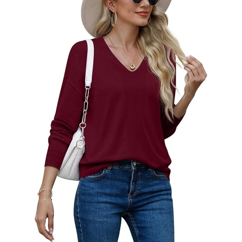Womens V Neck Jumpers Knit Long Sleeve Tops for Ladies Solid Color Sweatshirts – Knitwear Pullover and Soft Warm price