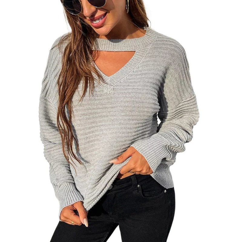 Best Selling Ladies Gray Front Cut-out Pullover Casual Sweaters – Front Cut-out Sweaters and Ladies Pullover Sweater price|S, S, M, L, XL