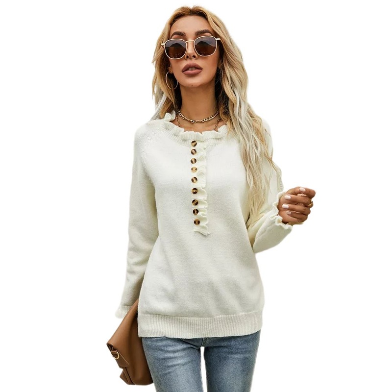 Custom Women White Ruffle Button Casual Pullover Sweater – Knit Sweater Women and Sweater Women price|S, S, M, L, XL