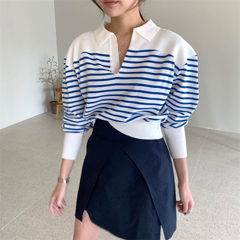 Fashion Autumn Blue/White Striped Long-Sleeved Top Women Knitwear Top Sweater – Fashion Top and Lady Knit price|S, Our Standard Measuare or Custom Measure