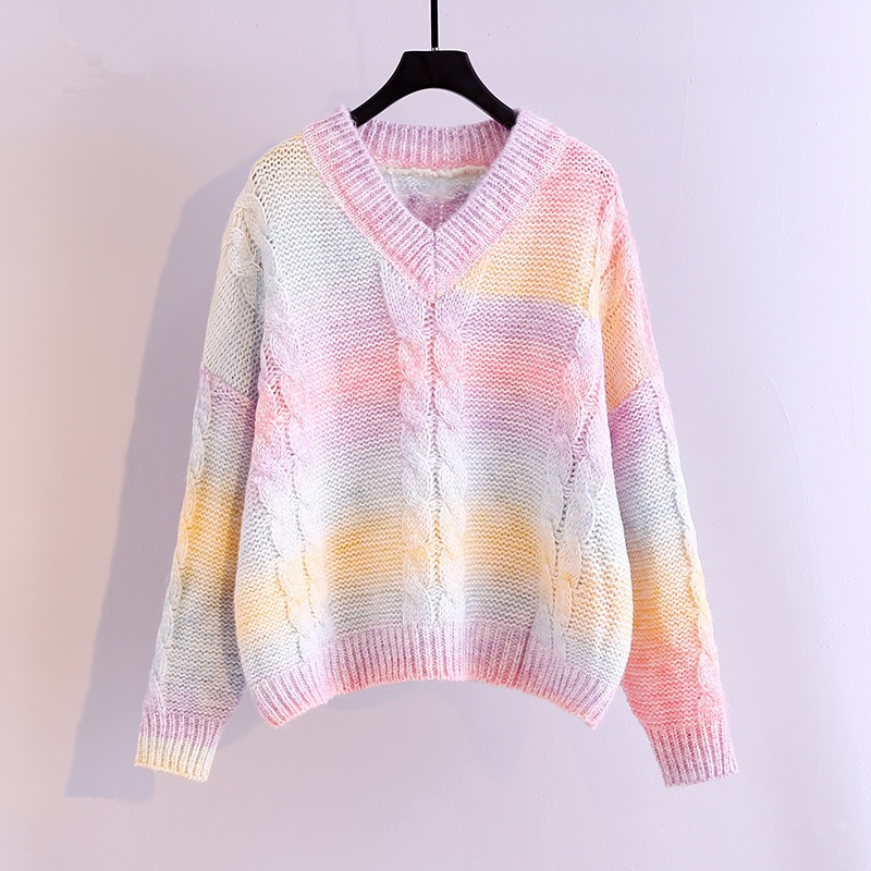 Fashion Designer Gradient V-Neck Women Pullover Sweater Knitted Clothing – Sweater and Pullover price|S