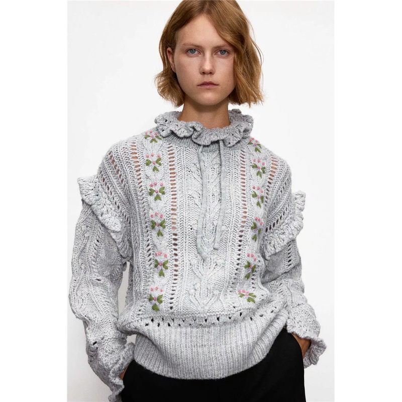 Fashion Embroidery Ruffled Loose Custom Pullover Sweaters Fashion Clothes Knitted Cotton Women Spring Trendy Sweater Ropa De Mujer – Women Clothes and Clothing price|S