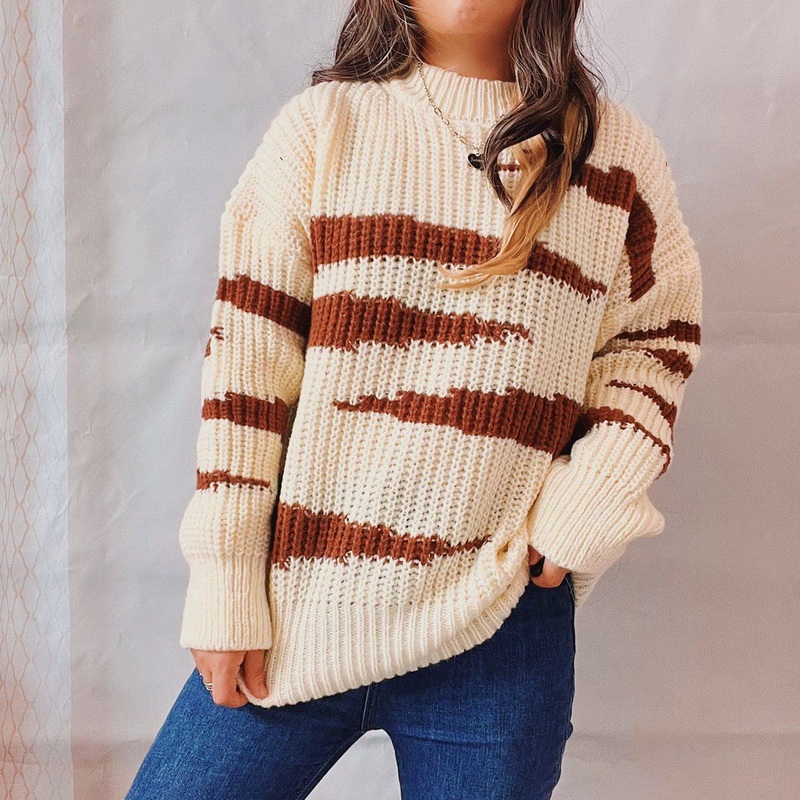 New Loose Crew Neck Color Block Pullover Long Sleeve Stripe Knitted Sweater for Women – Knitting Sweater and Striped Sweater price|S