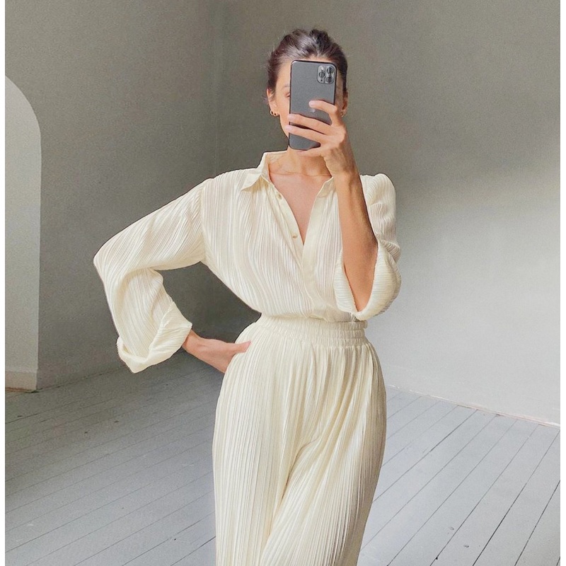 Newest Spring 2021 New Arrival Fashion Trendy Loose Shirt Casual Top and Wide Leg Women Clothing Two Piece Pants Set – Women and Leisure price|S