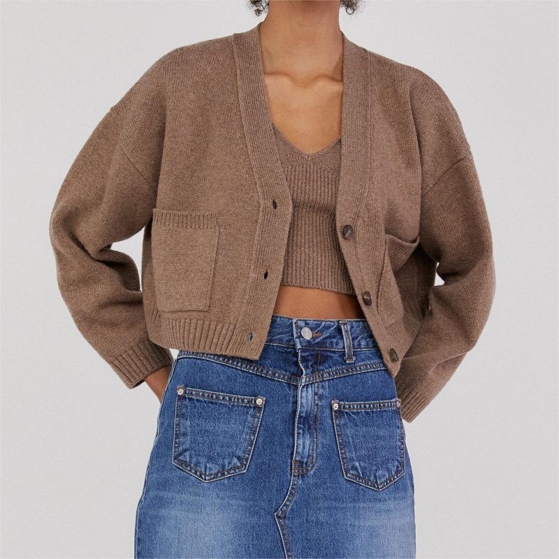 Solid Color Custom Short Knit Womens Knit Tank Tops Cardigan Sweater Set – Ladies Sweater and Customized Factory Sweaters price|S, S/M/L/Customized Size