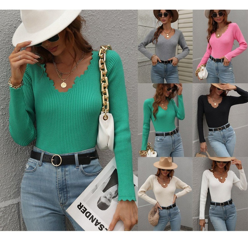 Woman Rib Knit Sexy Girl Winter Clothes Lady Apparel V Neck Basic Loose Solid Color Women Sweater – Woman Sweaters and Striped Sweater price|S