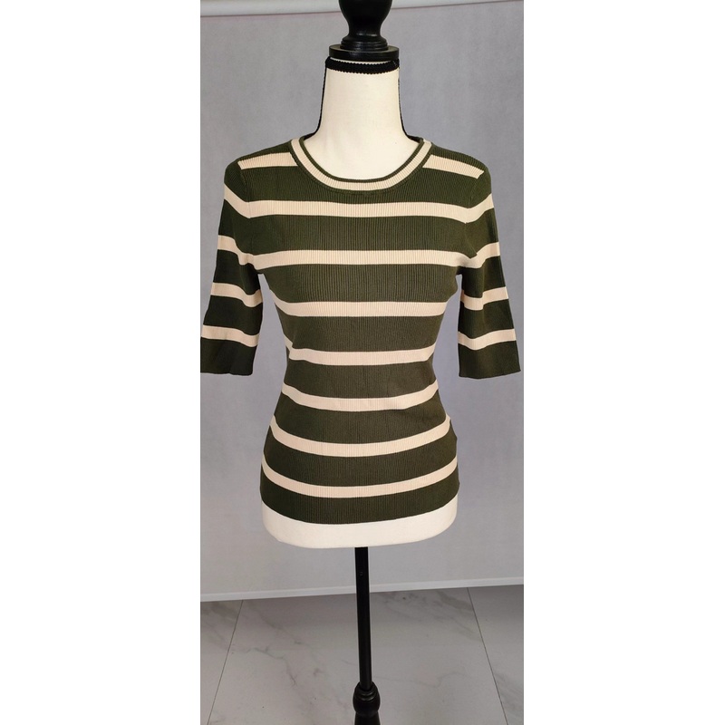 Womens Green Stripe Fitted Basic Sweater Pullover Mock Neck Short Sleeve Rib Knit Tee Top – Women Fashion and Women Clothes price|S