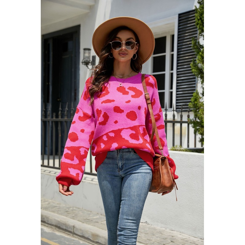 Womens Round Neck Two Color Splice Leopard Knitwear Fashion Womens Pullover Sweater – Sweater and Womens Sweater price|S-2XL