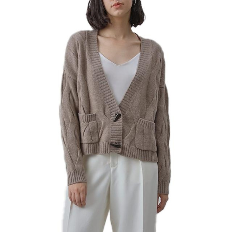 Brand OEM Custom V-Neck Buckle Short Women Cardigan with Pocket Cable Sweater – Customized Factory Sweaters and Pocket Cable Sweater price|S/M/L/Customized Size