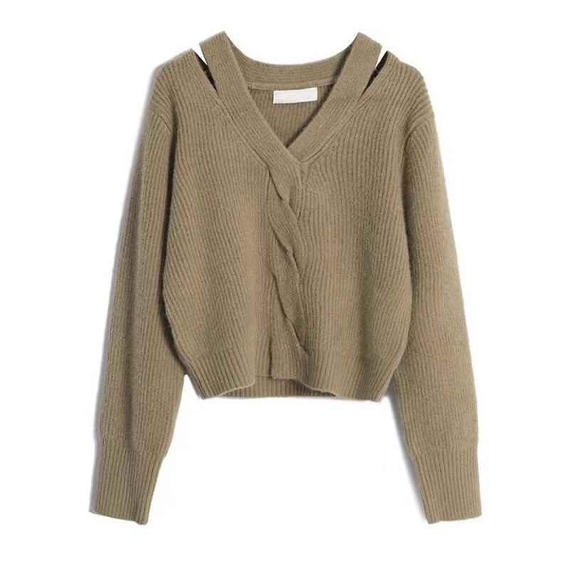Fashion Cut out off Shoulder Sweater Cable Knitted Pullover V-Neck Women Clothing – Women Clothing and Knitwear price|S