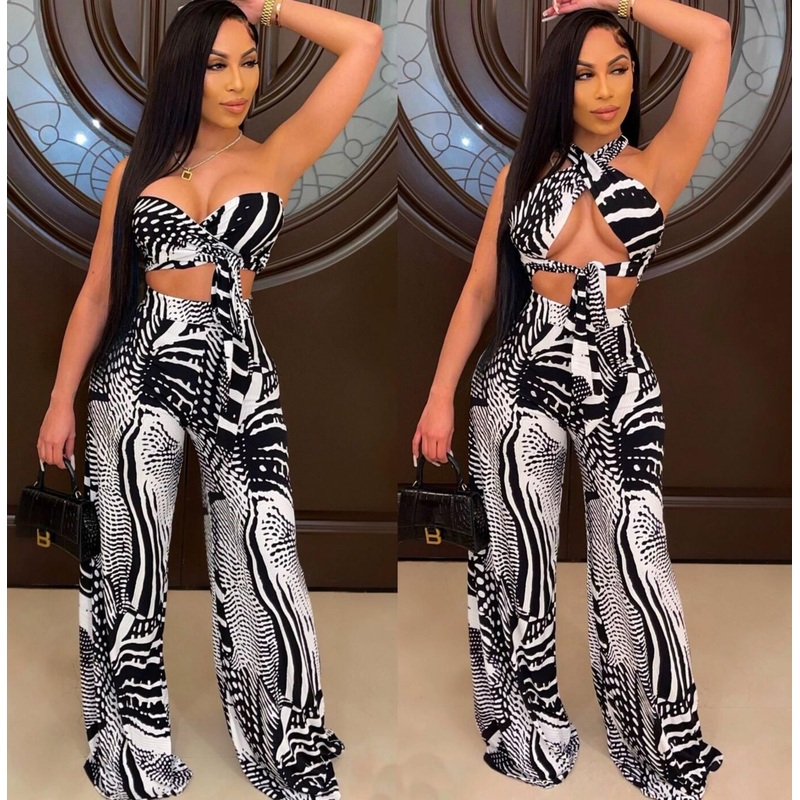Fashion Print Criss Cross Crop Tops and Pants Plus Size Two Piece Sets – Women and Leisure price|S