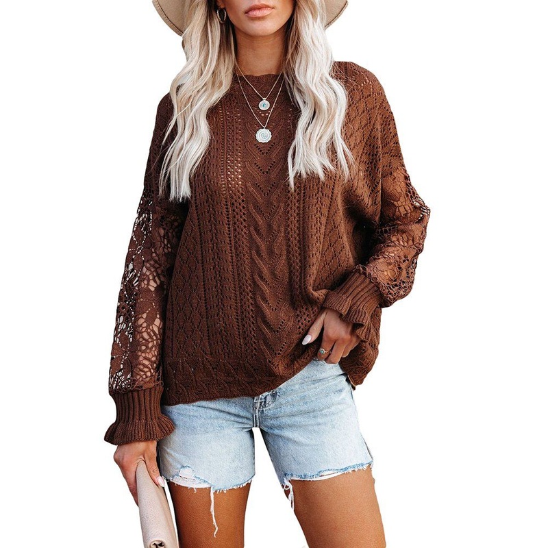 Hot Sale Splice Lace Hollow-out Long Sleeve Sweater for Ladies – Sweater for Ladies and Hollow-out Sweater price|S, S, M, L, XL, XXL