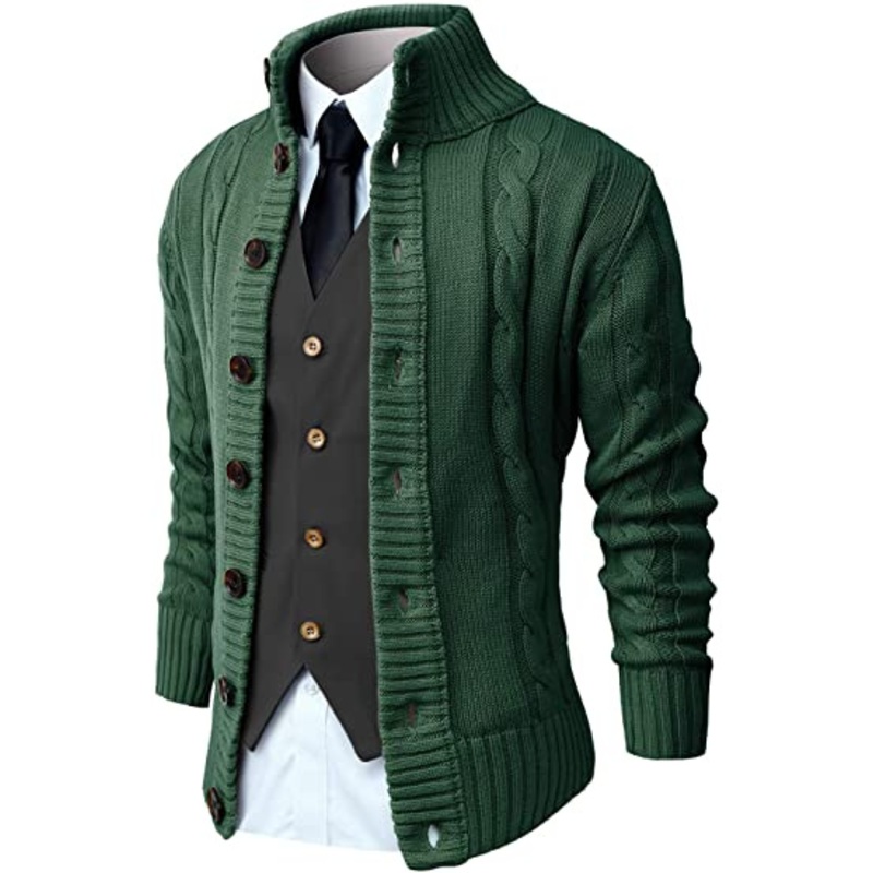 Men Long Sleeve Stand Collar Cardigan Sweaters Button Down Cable Knitted Sweater – Stand Collar Cardigan and Cowl Neck Cardigan price|S