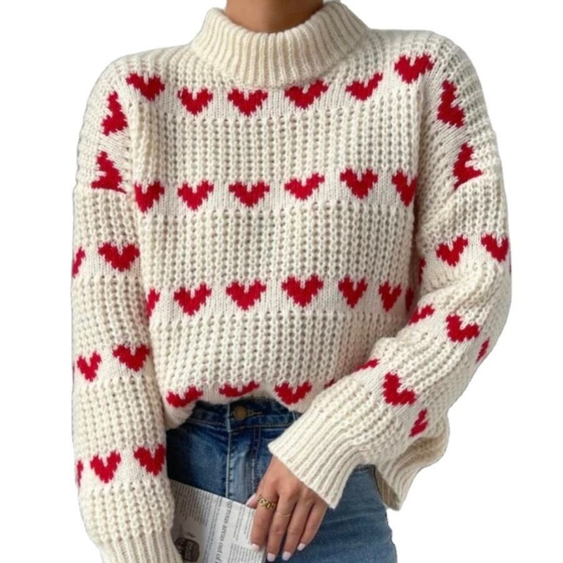 Pattern Stand Collar Pullovers Long Sleeve Beige Casual Heart Beige Womens Knitted Sweaters Knitwear – Knitwear and Knitted Sweater Knitwear price|S, Customized