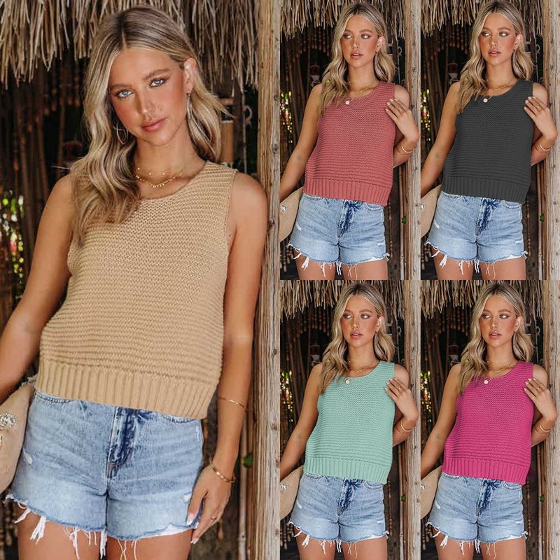 Summer Women Fashion Solid Color Halter Vest Clothes Amazon Vest Clothes Ladies Short Street Button Back Knit Vest – Summer Knit Vest and Knit Vest price|S
