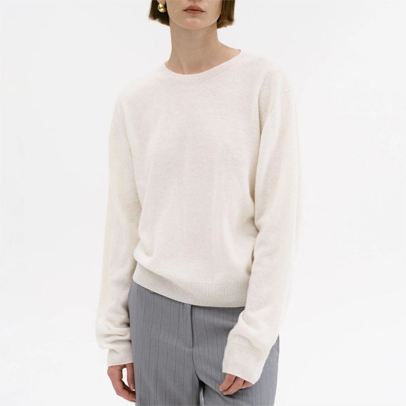 W-2023796 White Ribbed Knit Lapel Collar Stripe Loose Sweater – Ladies Sweater and Striped Sweater price|S, S/M/L/Customized Size