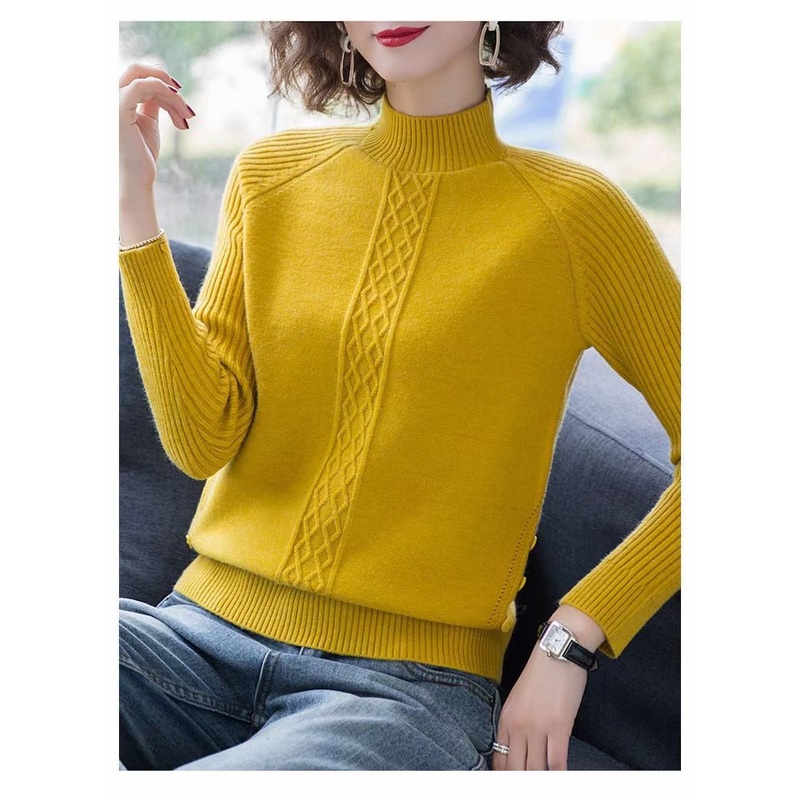 Womens Fit Slim Pullover Turtle Neck Sweater with Cable in Front Buttons on Side of The Hem – Grandma Pullover and Basic Sweater price|S