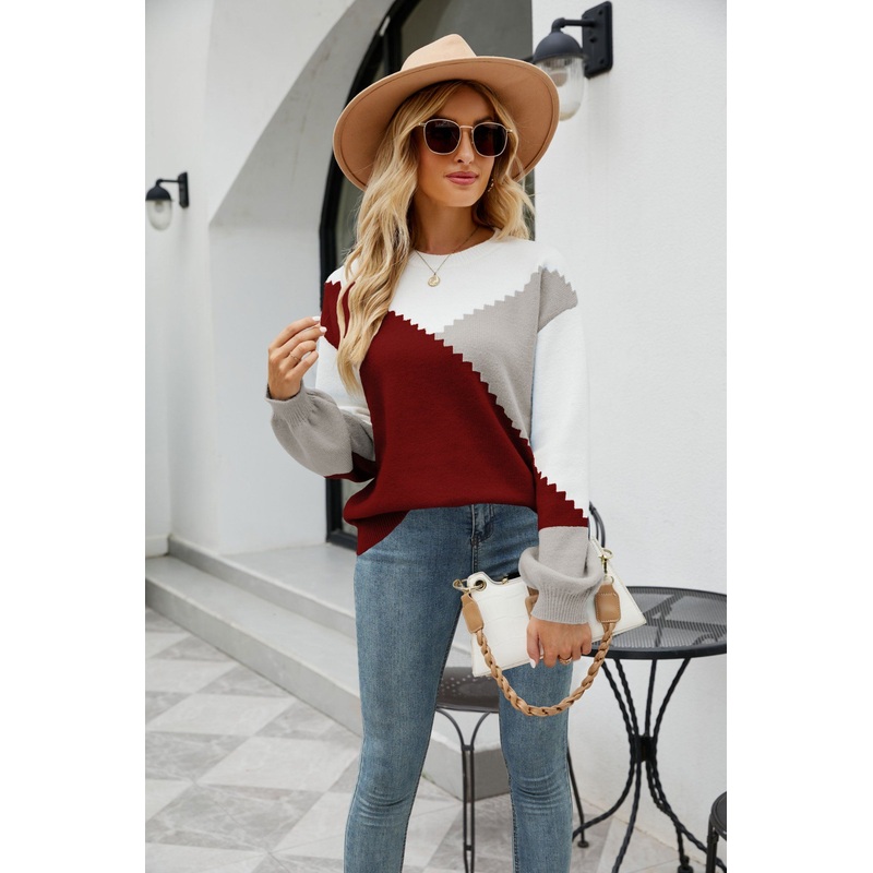 2023 New Womens Sweaters Casual Long Sleeve Crewneck Color Block Patchwork Pullover Knit Sweater Tops – Women Fashion and Women Clothes price|S