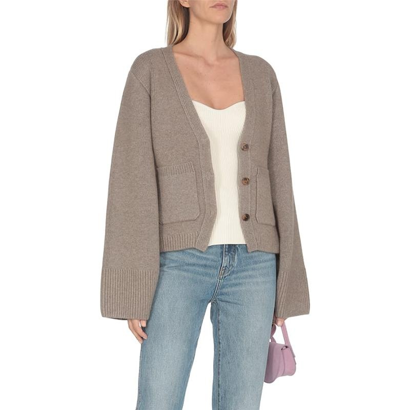 Custom Women Clothings Loose Flared Sleeves Women Knit Sweater Solid Color V-Neck Cardigan – Ladies Sweater and Flared Sleeve Knit Sweater price|S, S/M/L/Customized Size