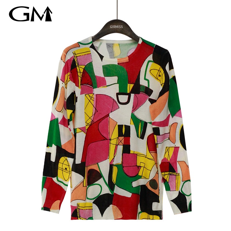 Fashion Womens Geometric Printing Knitted Top – Fashion and Oversize Womens Clothing price