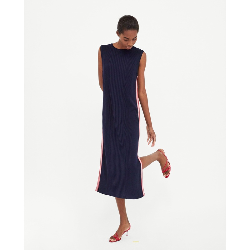 Knit A-Line Dress with Round Neckline Short Sleeves and Contrasting Trims – Sweater and Dress price|S