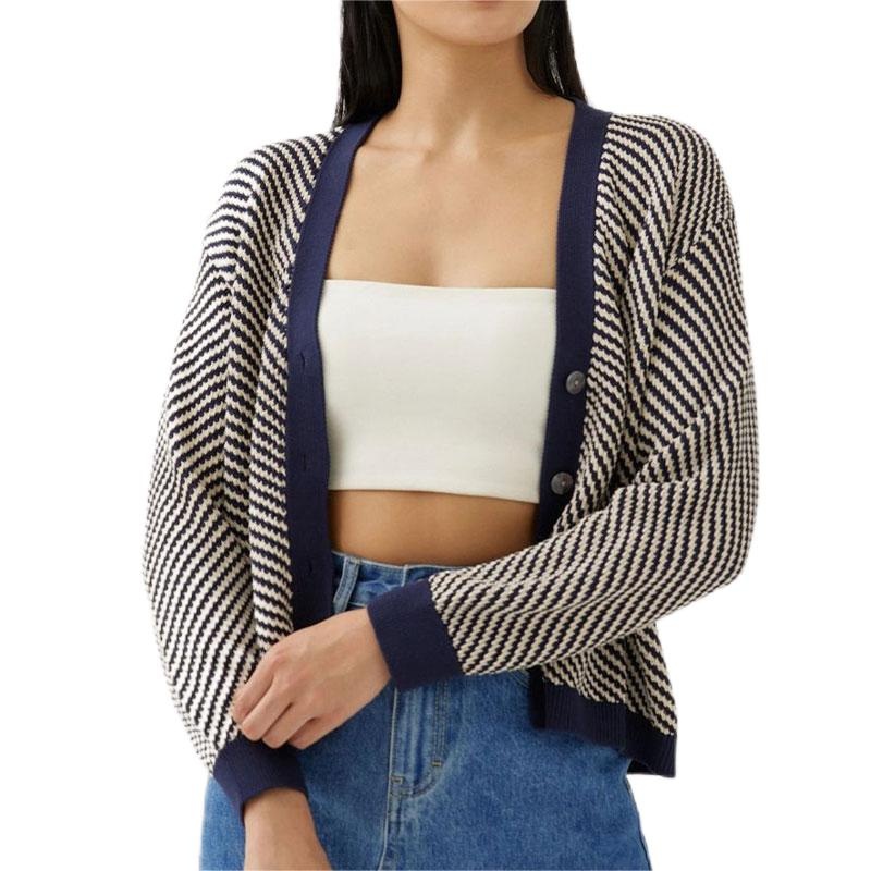 OEM Factory Custom Ladies Sweater Multi-Color Short Knitted Jacket Patchwork Knitted Sweater Ladies Striped Cardigan – Ladies Sweater and Striped Sweater price|S, S/M/L/Customized Size