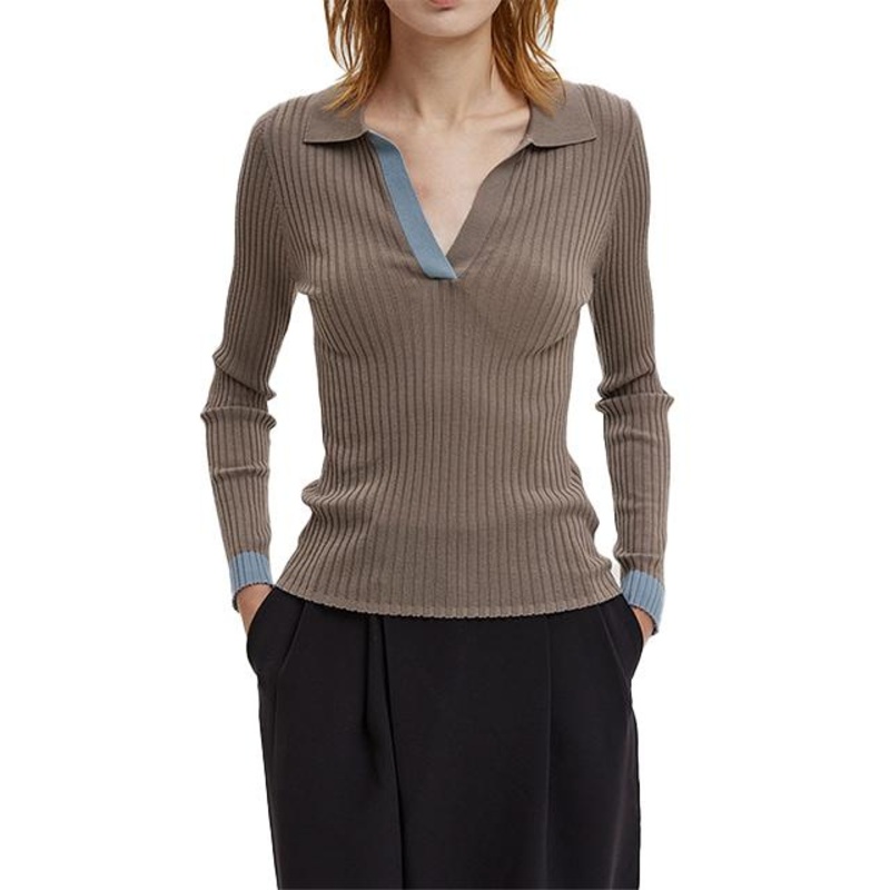 Simplicity Splicing Color V-Neck Top Lapel Collar Slim Fit Knit Pullover – Ladies Sweater and Striped Sweater price|S, S/M/L/Customized Size
