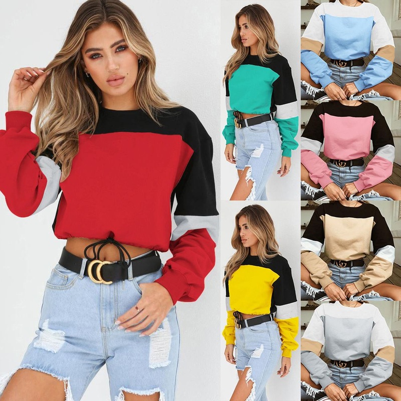 Women Pullover Round Neck Splice Pullover Tshirt Top – Top and Tshirt price|S