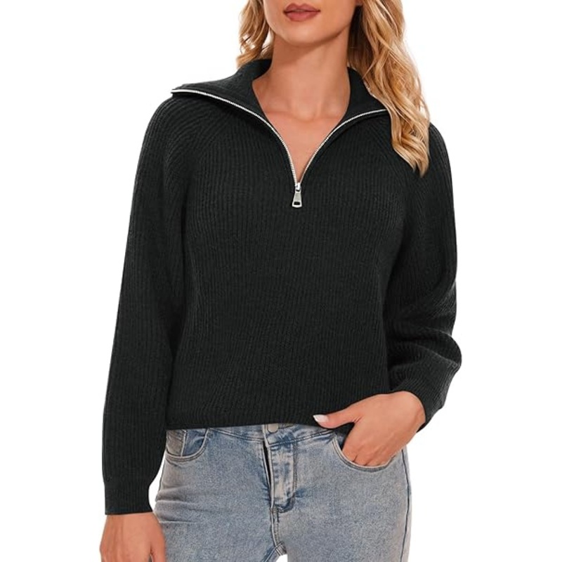 Womens Casual Quarter Zip Pullover V Neck Collar Ribbed Knitted Sweaters Loose Comfy Jumper Tops – Knitwear Pullover and Soft Warm price|M