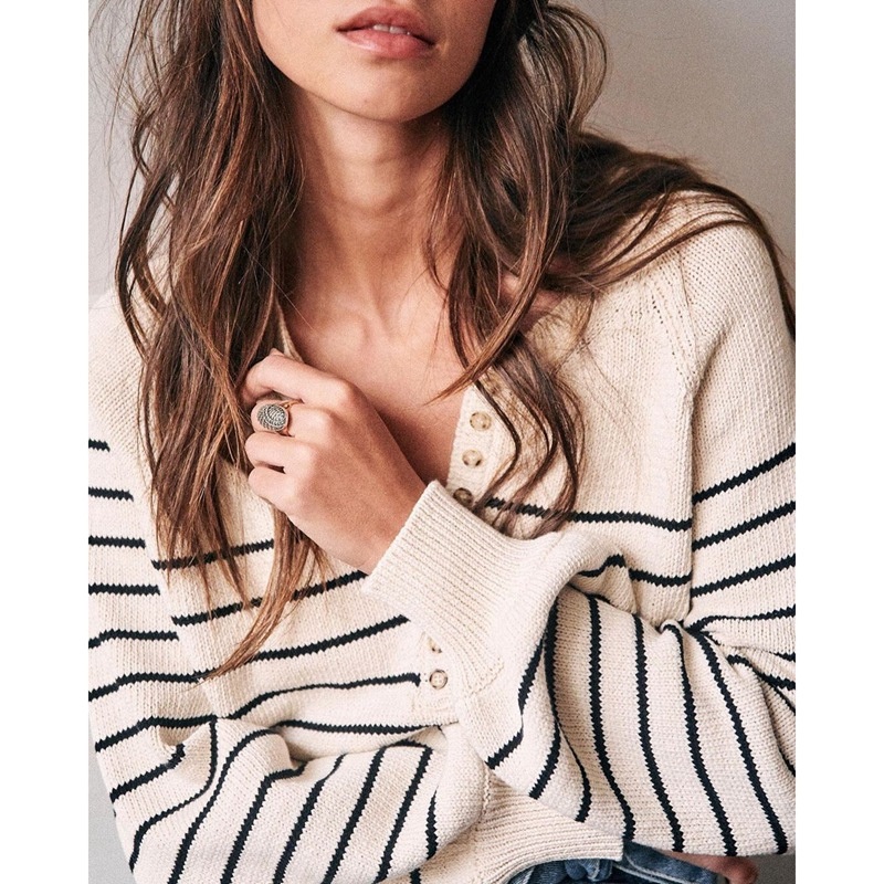 Womens Long Sleeve Button up Cotton Stripe Cotton Pullover, Round Neck – Cardigan and Sweater price|S