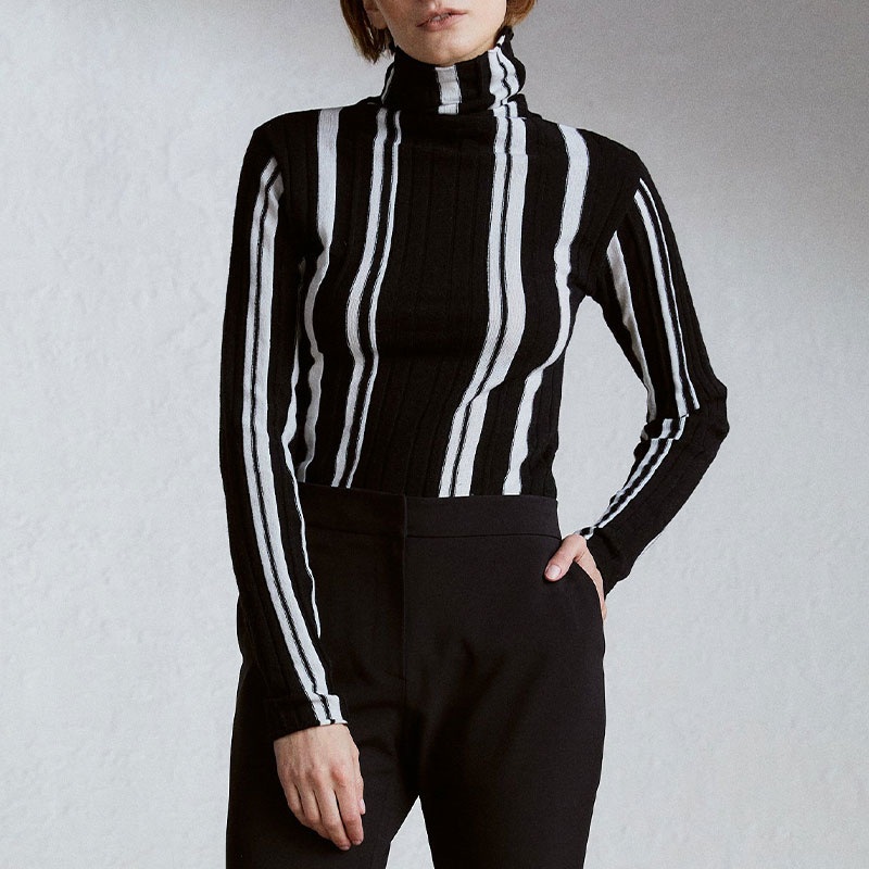 Black and White Striped Bottoming Shirt Thin Womens Tight Knitted Pullover Vertical Striped High Neck Sweater Womens Pullover – Ladies Sweater and Striped Sweater price|S, S/M/L/Customized Size