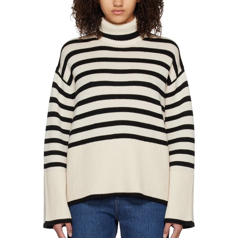 Custom Black Striped Sweaters Patchwork High Neck Pullovers Loose Women Sweaters – Striped Sweater and Custom Flared Sleeve Sweater price|S, S/M/L/Customized Size